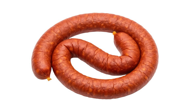 Smoked sausage ring isolated PNG on transparent background, traditional Polish kielbasa for grilling and cooking, delicious meat product