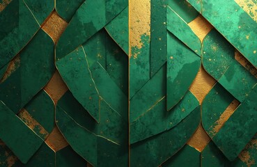 Abstract geometric pattern featuring emerald green shapes and gold accents. Intersecting angular planes create a luxurious textured backdrop. Elegant lines and rich colors offer sophisticated design.