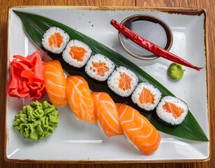 Japanese sushi and maki set, presented on a white plate
