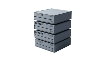 Stack of four gray server or computer hard drive units, symbolizing data storage, networking, and IT infrastructure, isolated on transparent background.