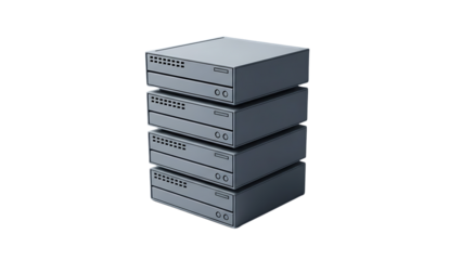Stack of four gray server or computer hard drive units, symbolizing data storage, networking, and IT infrastructure, isolated on transparent background.