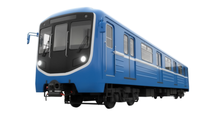 Blue subway train PNG isolated on transparent background, modern metro vehicle for urban transportation and public transit