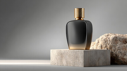 elegant dark perfume bottle with gold cap and gradient on stone pedestal with natural rock on grey background