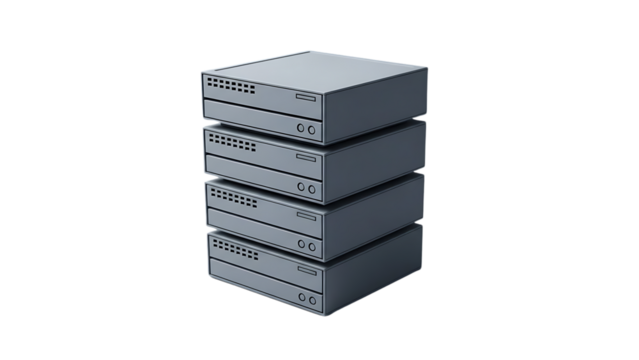 Stack of four gray server or computer hard drive units, symbolizing data storage, networking, and IT infrastructure, isolated on transparent background. - Powered by Adobe