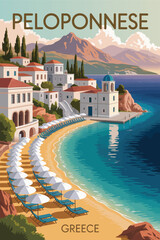 Greece peloponnese mediterranean escape, minimalist vector design showcasing white villas, sandy beaches, and traditional coastal scenery.