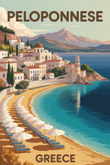 Peloponnese greece vacation, vintage style travel art with white architecture, turquoise coastal waters, and serene mediterranean landscapes.