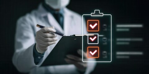 Futuristic lab where a document review checklist guides an inspection for quality and verification toward full compliance