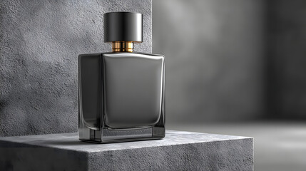 Luxury black fragrance bottle presentation on rough dark concrete pedestal sleek modern aesthetic design dramatic professional studio shot product display