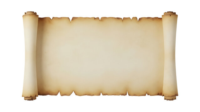 Old parchment scroll PNG isolated on transparent background, antique paper roll for treasure map or historical document design