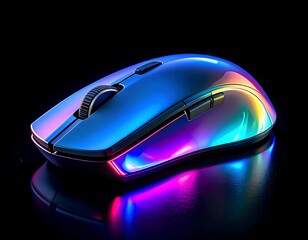 Photorealistic image of a sleek wireless gaming mouse, dramatically illuminated with vibrant, glowing RGB iridescent colors against a dark, reflective background
