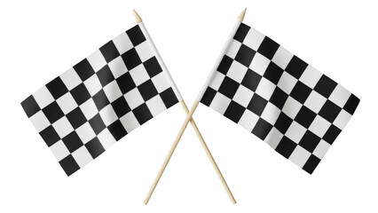 Fototapeta premium Two checkered flags crossed against white background isolated on transparent background