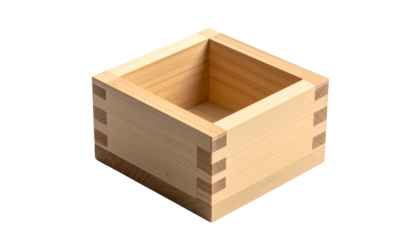 A close-up view of an empty square wooden box, precisely constructed with interlocking joints and a natural wood grain texture