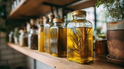 Aromatic Herbal Infused Oils in Glass Bottles on a Wooden Shelf in Rustic Kitchen Setting, Natural Ingredients with Fresh Herbs and Warm Lighting