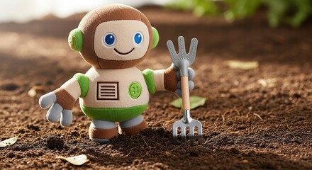 Cute plush robot toy with gardening fork in soil promoting eco-friendly farming and playful learning activities