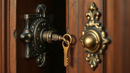 Obraz premium ajar. Golden key entering ornate lock, door ajar, symbolic moment. lifestyle magazines, social media lookbooks, designed for influencer and brand collaborations, used by travel agents.
