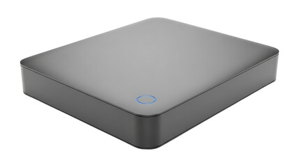 Sleek, modern gray rectangular device with a subtle blue circular indicator light, isolated on transparent background.