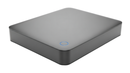 Sleek, modern gray rectangular device with a subtle blue circular indicator light, isolated on transparent background.