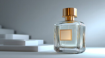 Elegant glass perfume bottle with gold cap standing on white geometric platform stairs against clean minimalist grey studio background lux