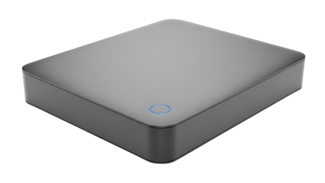 Sleek, modern gray rectangular device with a subtle blue circular indicator light, isolated on transparent background. - Powered by Adobe