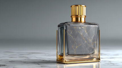 Luxury perfume bottle with black marble interior and golden vein patterns encased in gold frame on white marble table with soft lighting