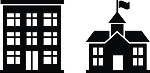 School and institutional building silhouettes, education architecture icons, academic campus facilities, modern and classic structures, black landmark buildings isolated on white background