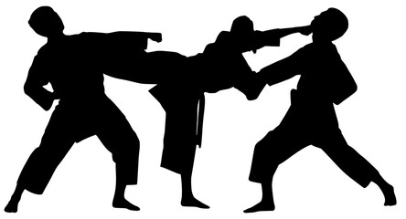 Action silhouettes of three martial artists performing karate kicks and punches. Minimalist black and white graphic for combat sports, fitness training, and self-defense concepts. © Suriya