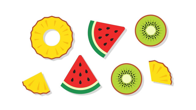 Set of Fresh Tropical Fruit Slices Including Pineapple Watermelon and Kiwi Vector