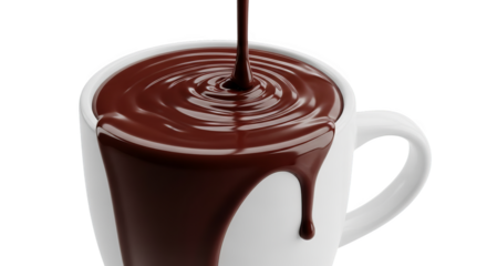 Pouring Rich Melted Chocolate Into White Mug With Drips