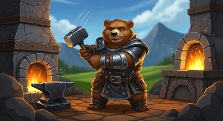 Animated bear blacksmith in armor crafting with hammer and anvil near fiery stone forges in a scenic mountain valley setting