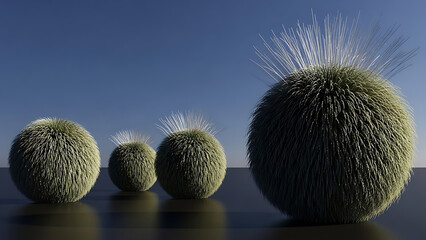 fluffy green spheres with spiky white tops abstract digital rendering for modern conceptual art science or ecological design projects