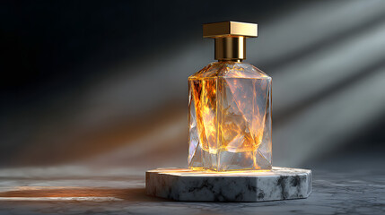 glowing amber liquid in luxury glass perfume bottle with gold cap on marble stand illuminated by warm dramatic light