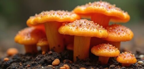 Cluster of vibrant orange enoki mushrooms grow on dark forest floor. Tiny spore like particles dot the smooth caps, showing natural growth pattern. Wild fungi appear fresh, wet, glistening.