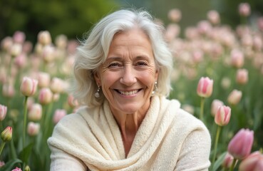 Smiling mature woman with white hair wearing cream shawl sits in field of pink tulips. She looks content and at peace, embracing her age and life stage with grace and self acceptance.