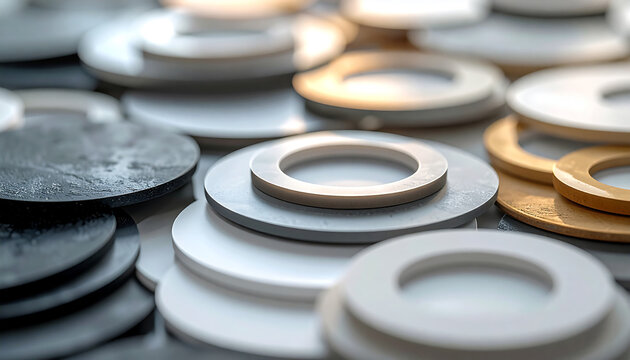Ring Washers Close-up: An abstract arrangement of ring washers, varying in sizes and materials, creating a compelling visual of mechanical components and engineering precision.