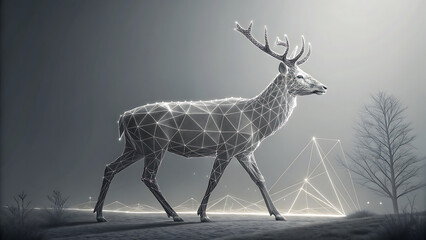 Futuristic Geometric Deer Walking in Luminous Low-Poly Landscape with Subtle Digital Network Grids