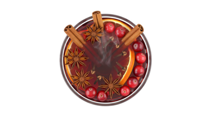 Top View Of Steaming Mulled Wine With Holiday Spices