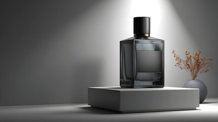 Matte black perfume bottle stands on square white podium under bright spotlight against dark gray wall with dried floral accent in vase