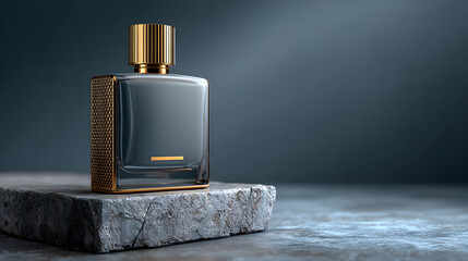 Sleek blue perfume bottle with gold detailing rests on rough gray stone surface in dramatic dark lighting for masculine fragrance concept