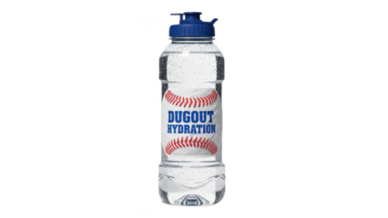 Clear plastic baseball themed sports water bottle PNG with blue flip lid and Dugout Hydration graphic over baseball print, ideal for dugout benches, practice, games, fans, teams and fitness branding

