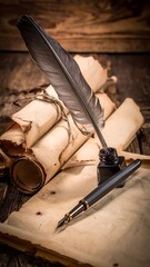 Aged scroll with quill, inkwell atop parchment. Old-fashioned vibe. Wooden background