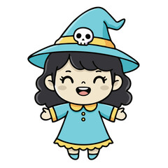 Cute Cartoon Smiling Witch with Hat and Skull for Halloween Character