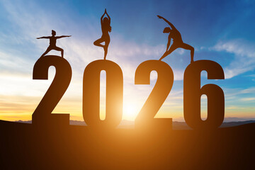 Happy New Year Numbers 2026, Silhouette woman practicing yoga early morning sunrise over the horizon background, Health and Happy new year concept.