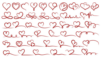 Big set of red stylized hearts in one line. 
