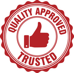 Red Quality Approved Trusted Badge with Thumbs Up Icon for Certification and Guarantee Labels