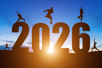 Happy New Year Numbers 2026, Silhouette a man handsome jumping feels happy moving  and woman practicing yoga early morning sunrise over the horizon background, Health and Happy new year concept.