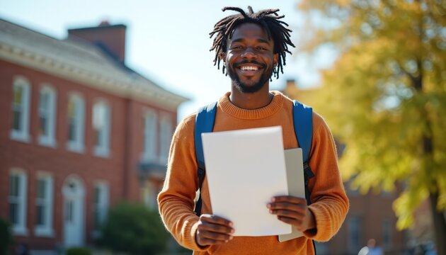 Smiling young black man student with dreadlocks holds papers and laptop. He wears orange sweater and blue backpack on university campus with autumn trees.