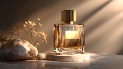 Rectangular amber tinted perfume bottle with ribbed gold cap on beige stone stands beside dried flowers