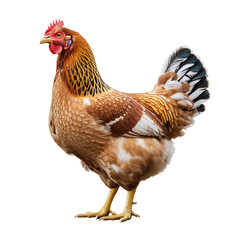 Fototapeta premium A detailed studio shot of a beautiful brown and white feathered hen against a black background