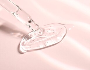 Clear serum droplet falling from a glass dropper on light pink surface with wave textures, creating soft shadows
