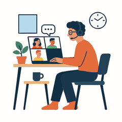 Flat Vector Illustration of Remote Work Lifestyle - Home Office, Virtual Meetings - Simple Shapes, Precise Vector Paths, Clean Anchor Points, White Background 
